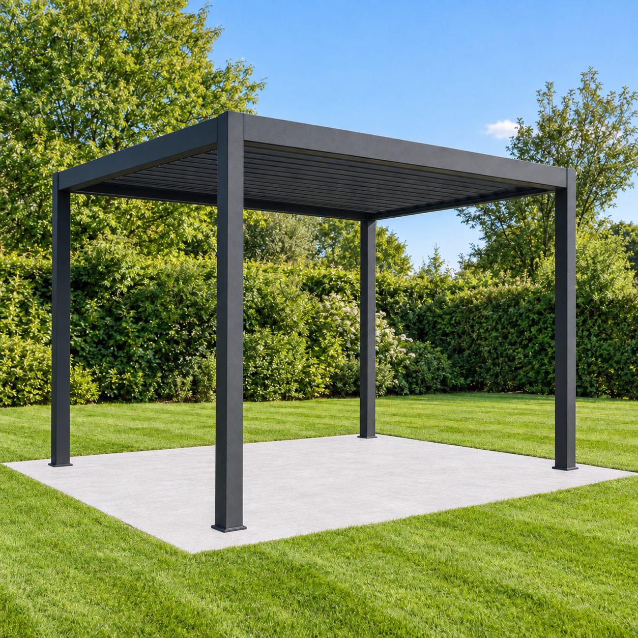 Free-standing black aluminium pergola on a concrete pad flush with a lawn