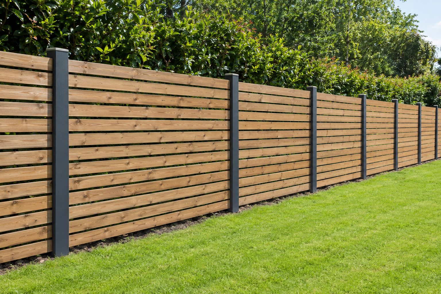 Newly installed horizontal slatted timber fence with dark grey posts along a lawn