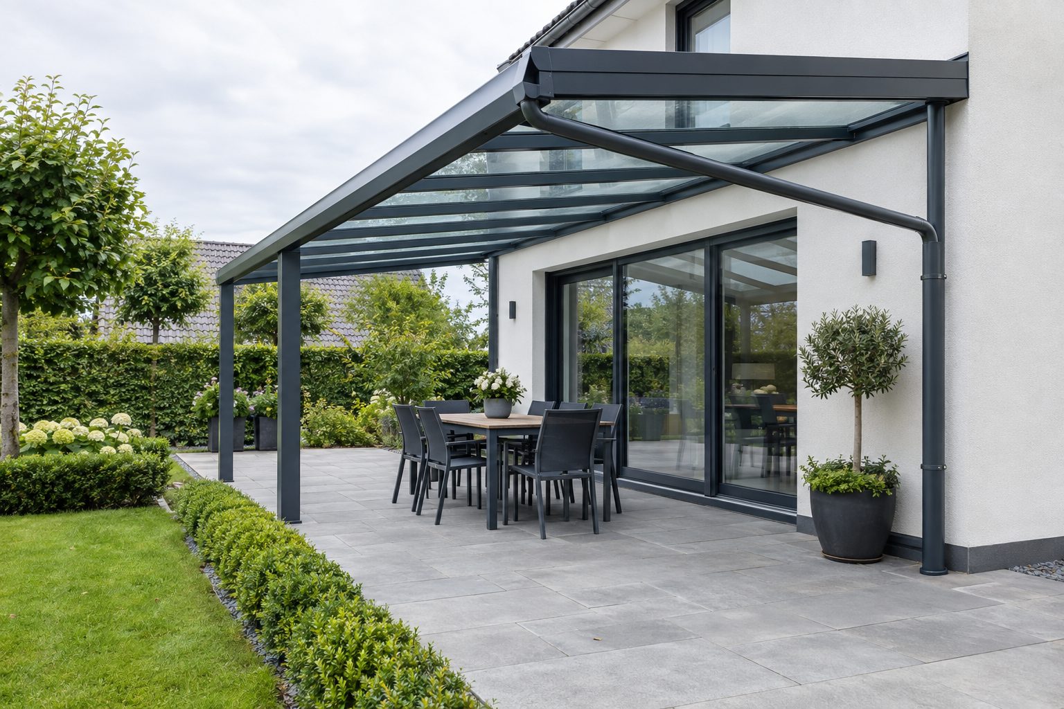 Glass roof veranda with slim anthracite aluminium frame over a paved terrace
