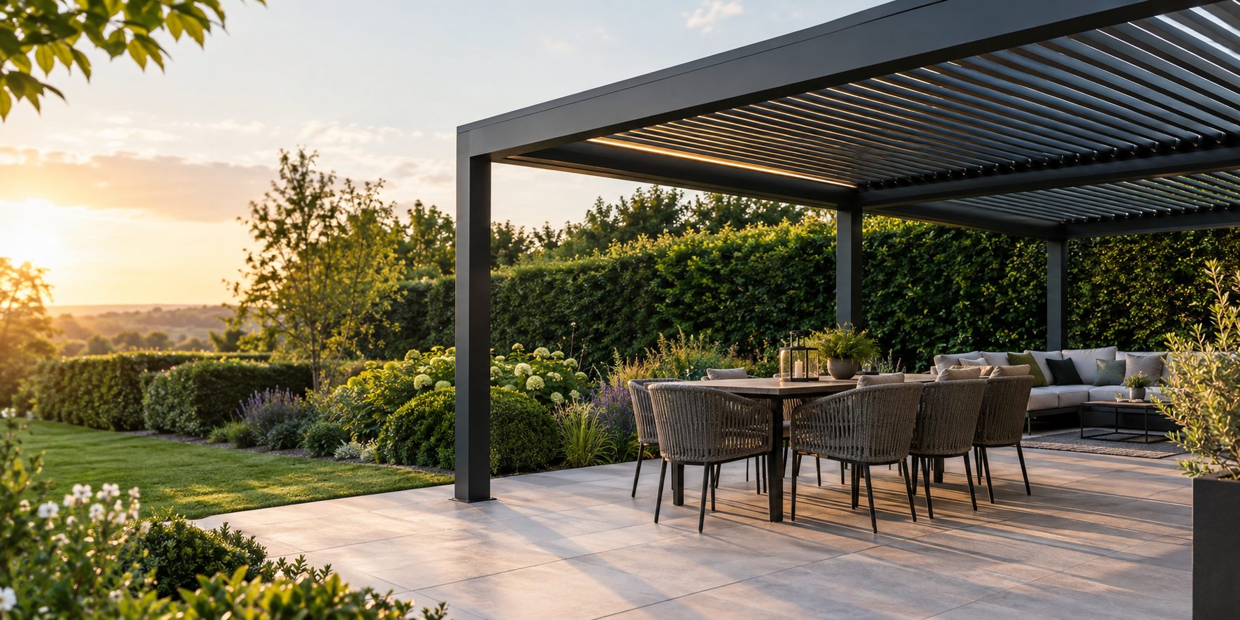 Anthracite aluminium louvred pergola over a paved terrace in a landscaped Kent garden at sunset